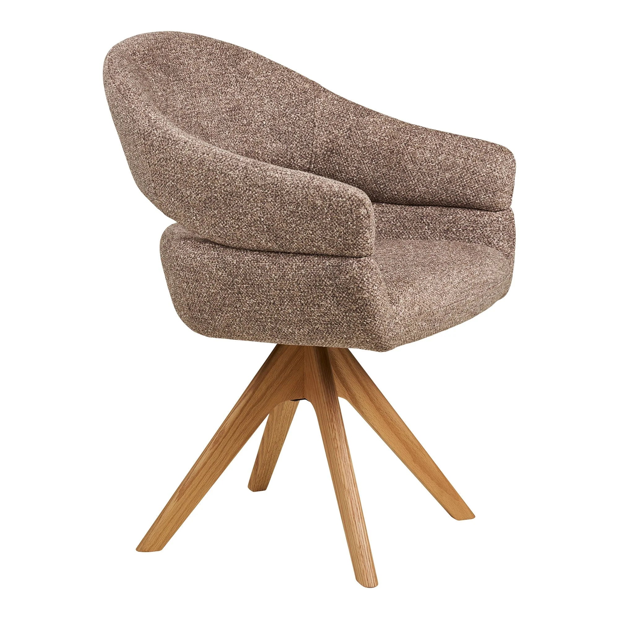 Chaise pivotante en tissu chiné marron avec accoudoirs et base bois étoilée