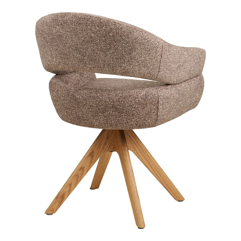 Chaise pivotante tissu beige texturé, base étoile bois, accoudoirs