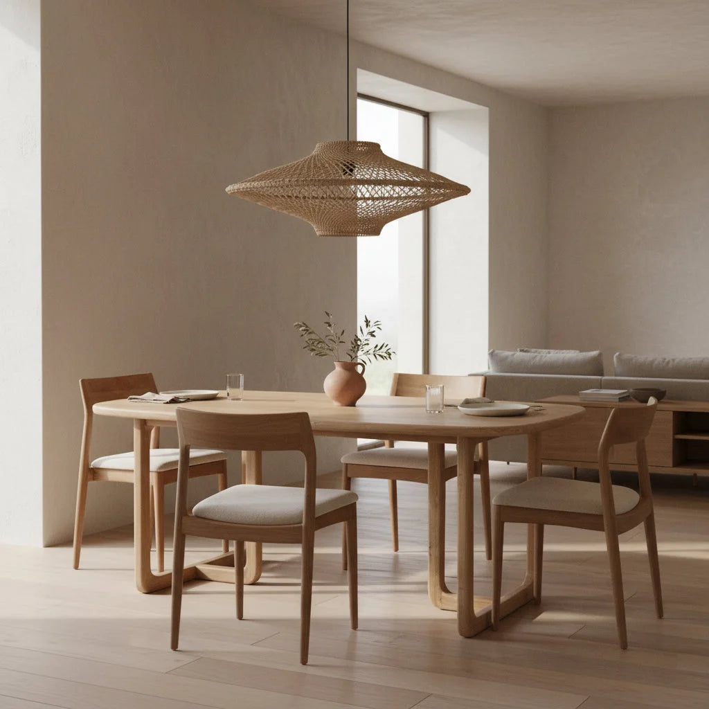 Lampe pendentif en osier tissé au-dessus de table de salle à manger en teck