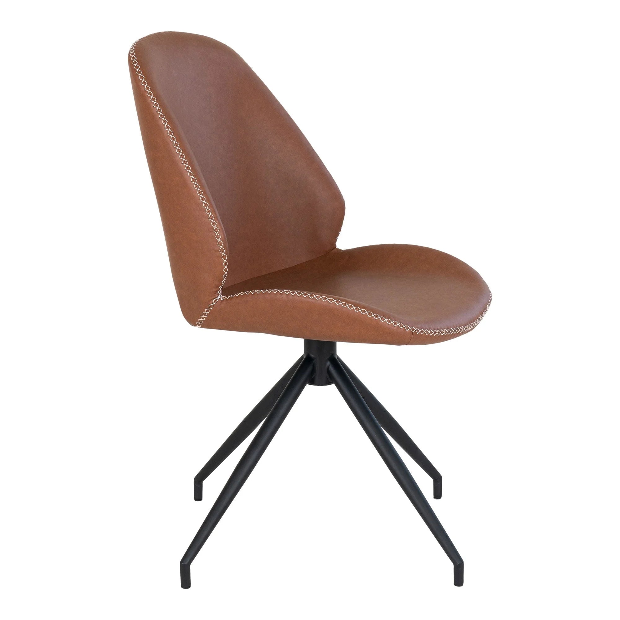 Chaise de salle à manger cuir cognac, dossier arrondi, pieds métal noir, lot de 2