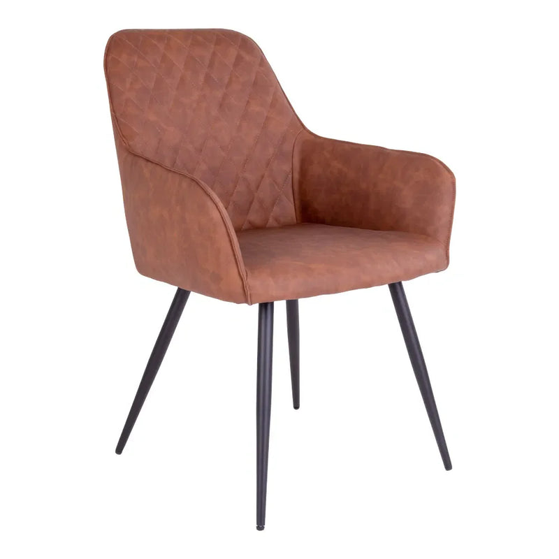 Chaise de salle à manger en simili cuir marron capitonnée avec pieds en métal noir – Set de 2