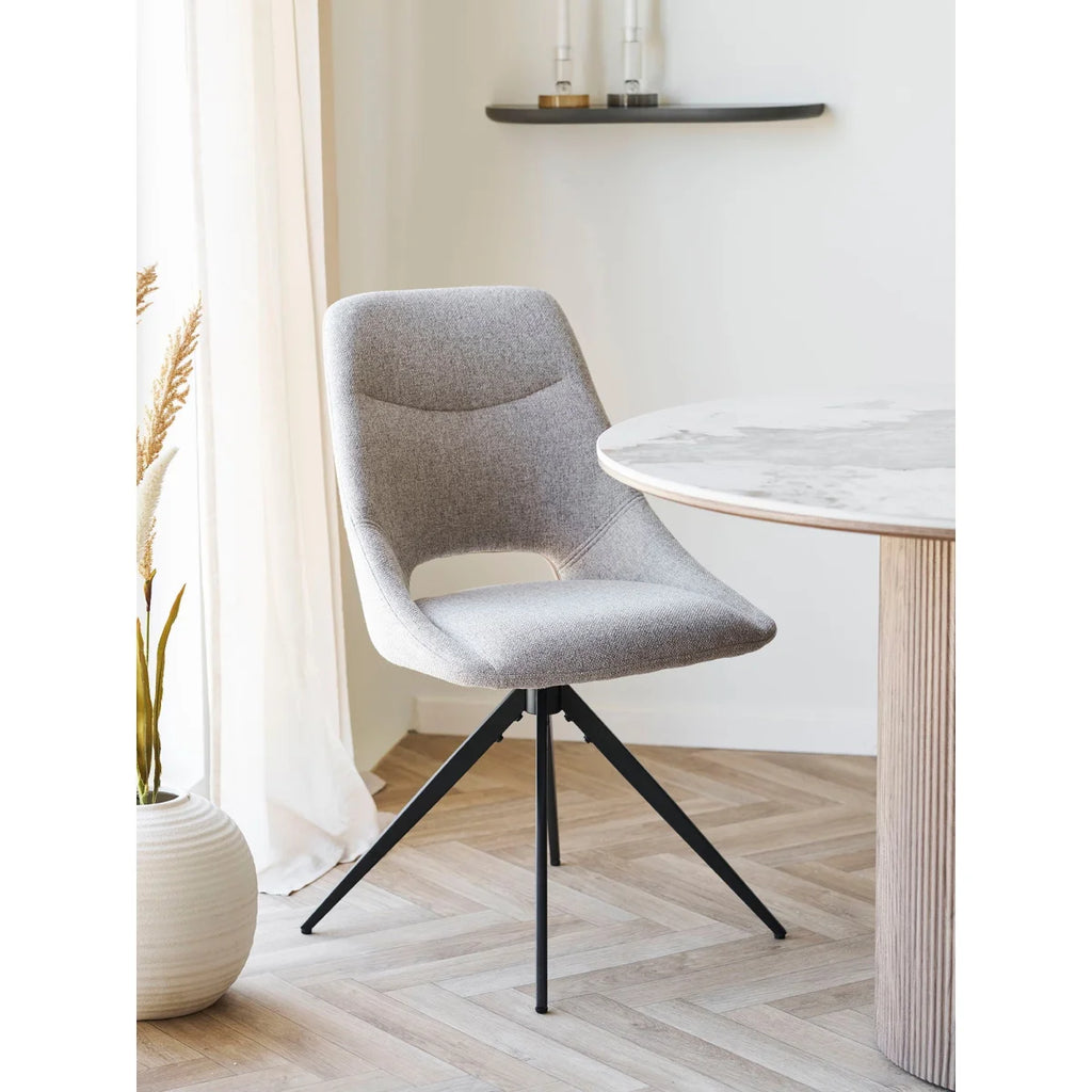 Chaise de salle à manger moderne grise en tissu, piétement noir tripod