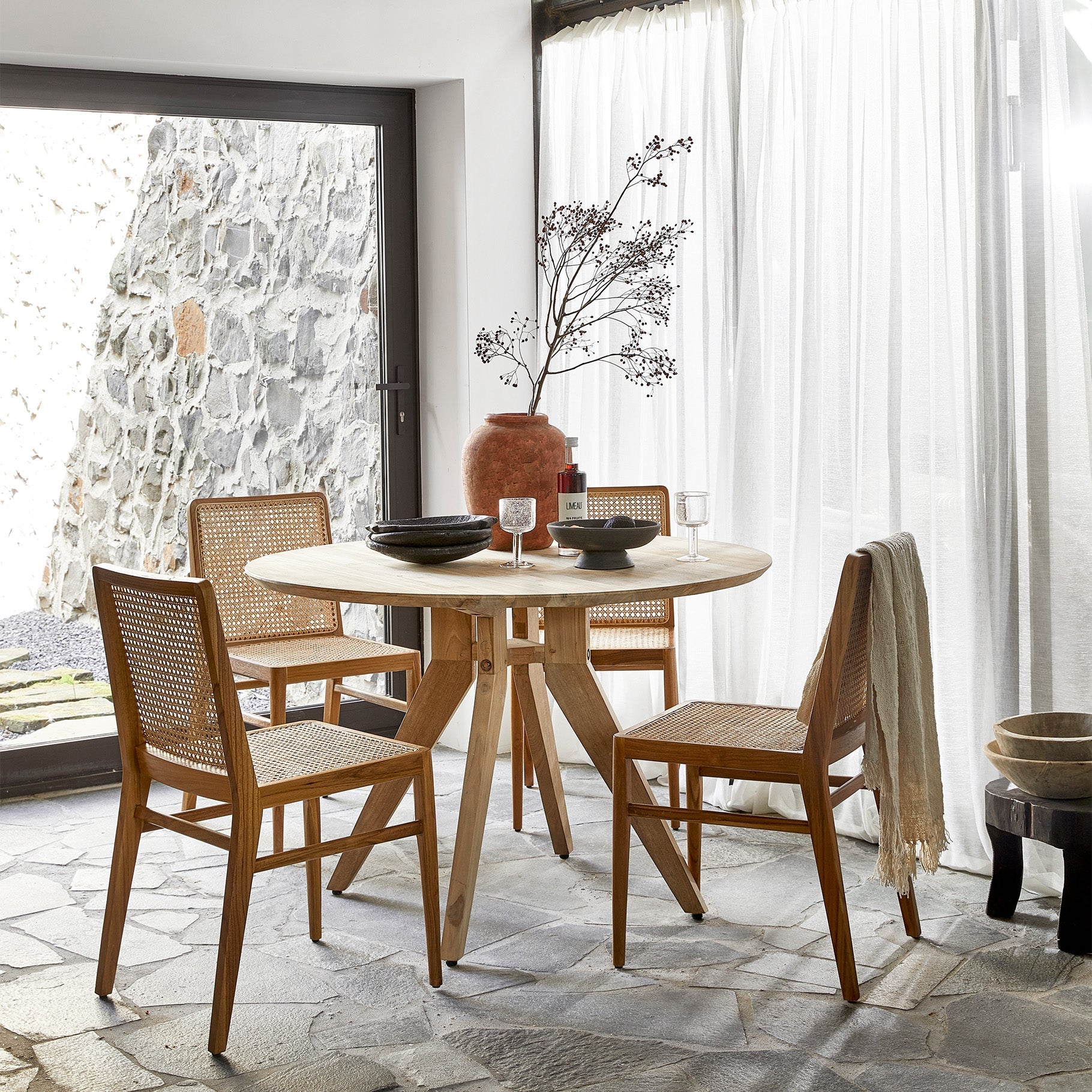 Chaise en teck et cannage naturel pour salle à manger – Lot de 2