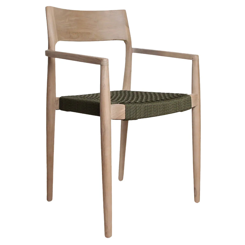 Chaise en teck clair et corde vert olive avec accoudoirs – Lot de 2