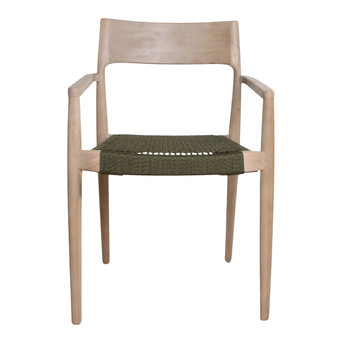 Chaise en teck clair et corde vert olive avec accoudoirs, lot de 2