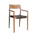 Chaise en teck et cuir noir avec accoudoirs tressés, lot de 2