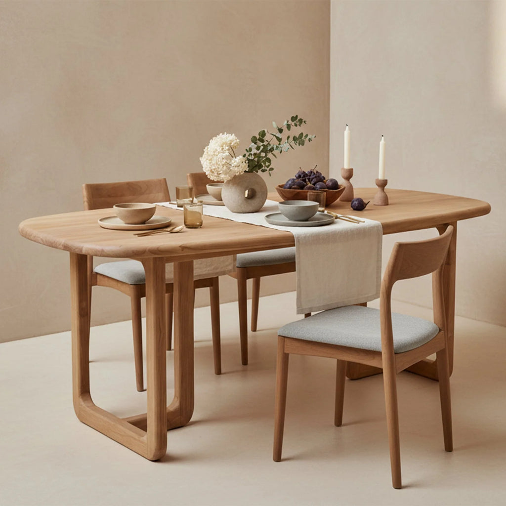 Table de salle à manger en teck clair avec pieds courbés et plateau rond lisse