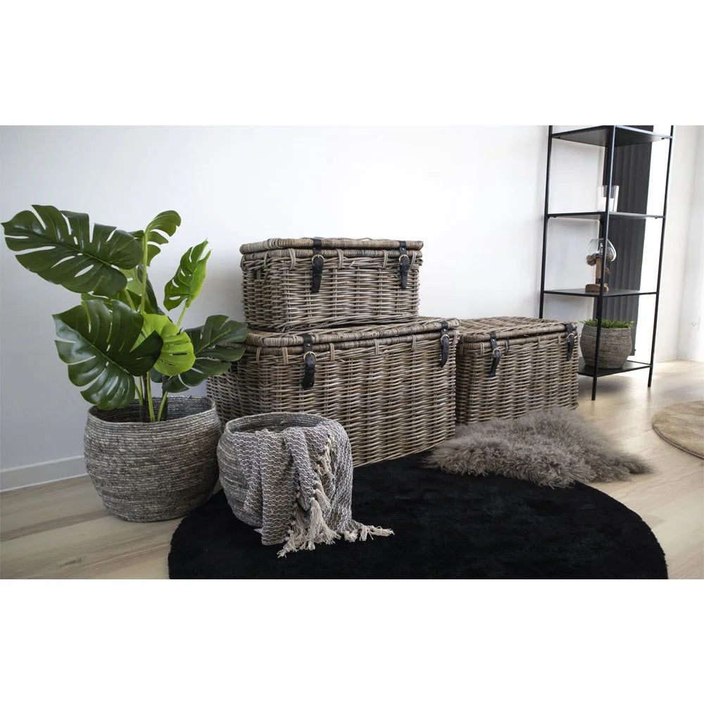 Lot de 3 coffres en rotin kubu gris avec poignées en cuir