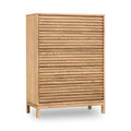 Commode minimaliste bois clair 132x46 cm portes ajourées chêne clair