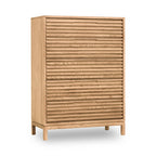 Commode minimaliste bois clair 132x46 cm portes ajourées chêne clair
