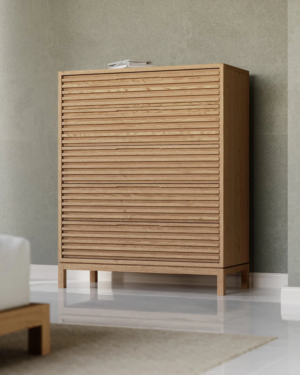 Commode minimaliste bois clair chambre 132x46 cm portes ajourées