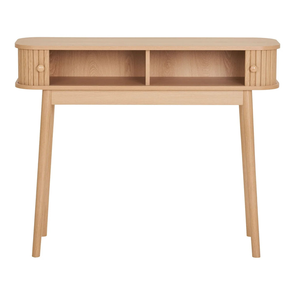Console 2 tiroirs en bois naturel, côtés courbés, rainures verticales, 100x30 cm