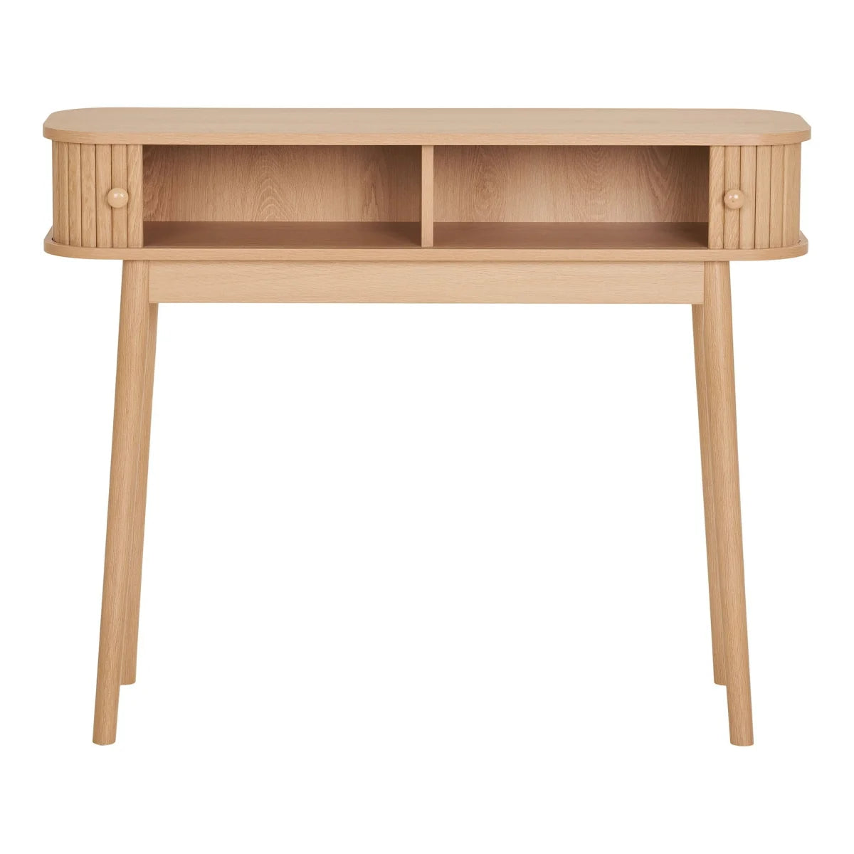 Console 2 tiroirs en bois naturel, côtés courbés, rainures verticales, 100x30 cm