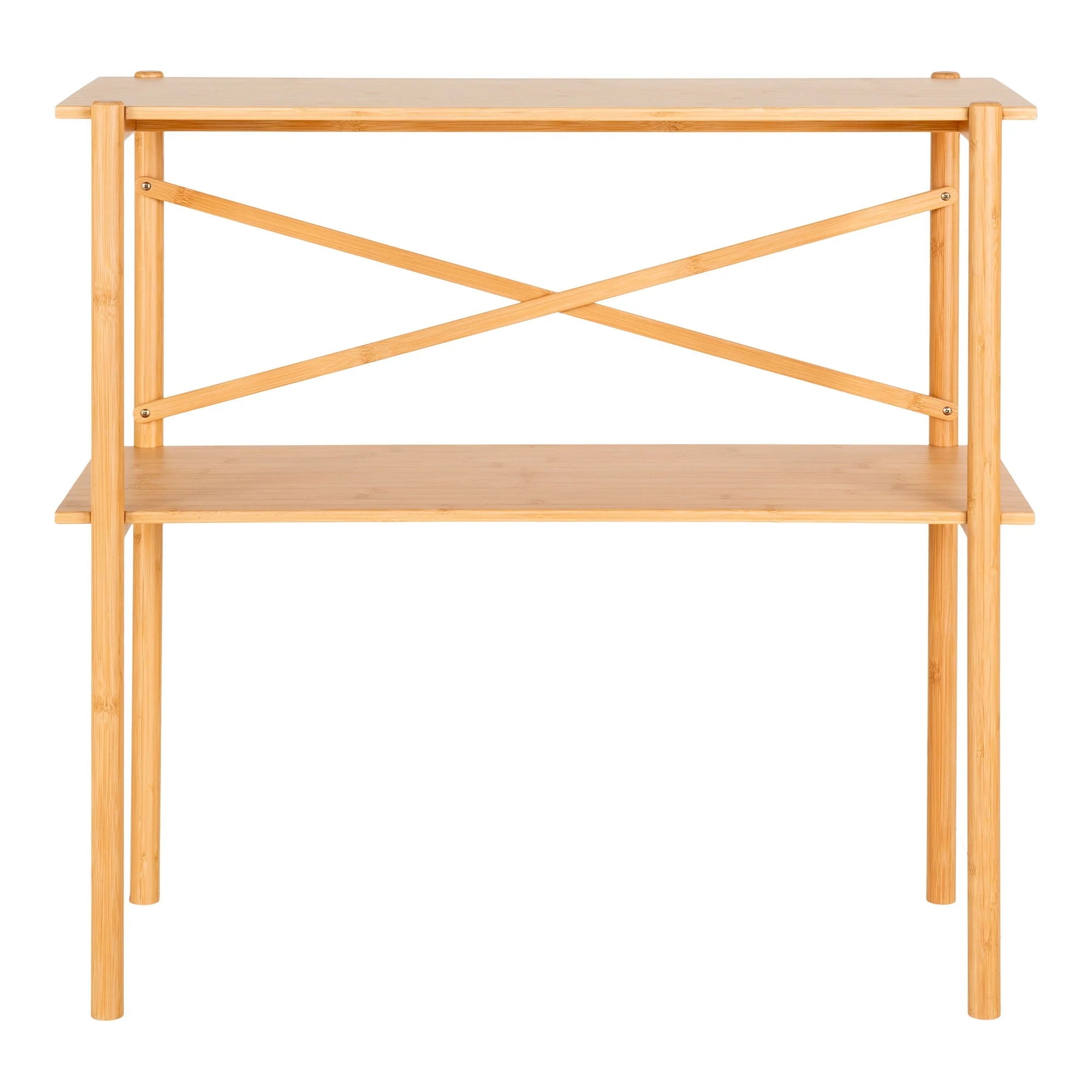 Console en bambou naturel clair à 2 étagères et croisillon, 83x32 cm