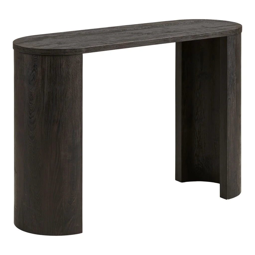 Table console en bois foncé arrondi pieds pilier 114x38 cm