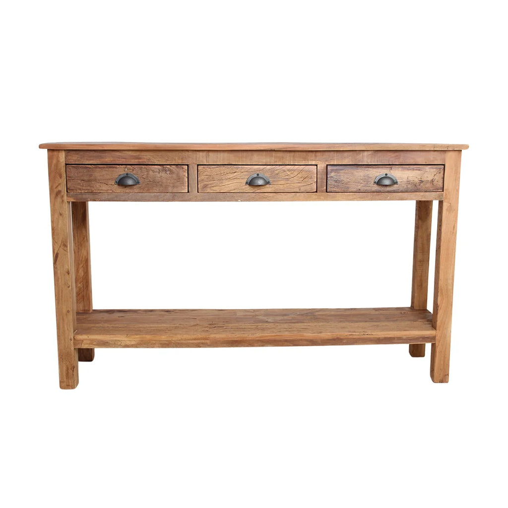 Table console bois massif rustique 150x38 cm, 3 tiroirs, étagère, poignées noires