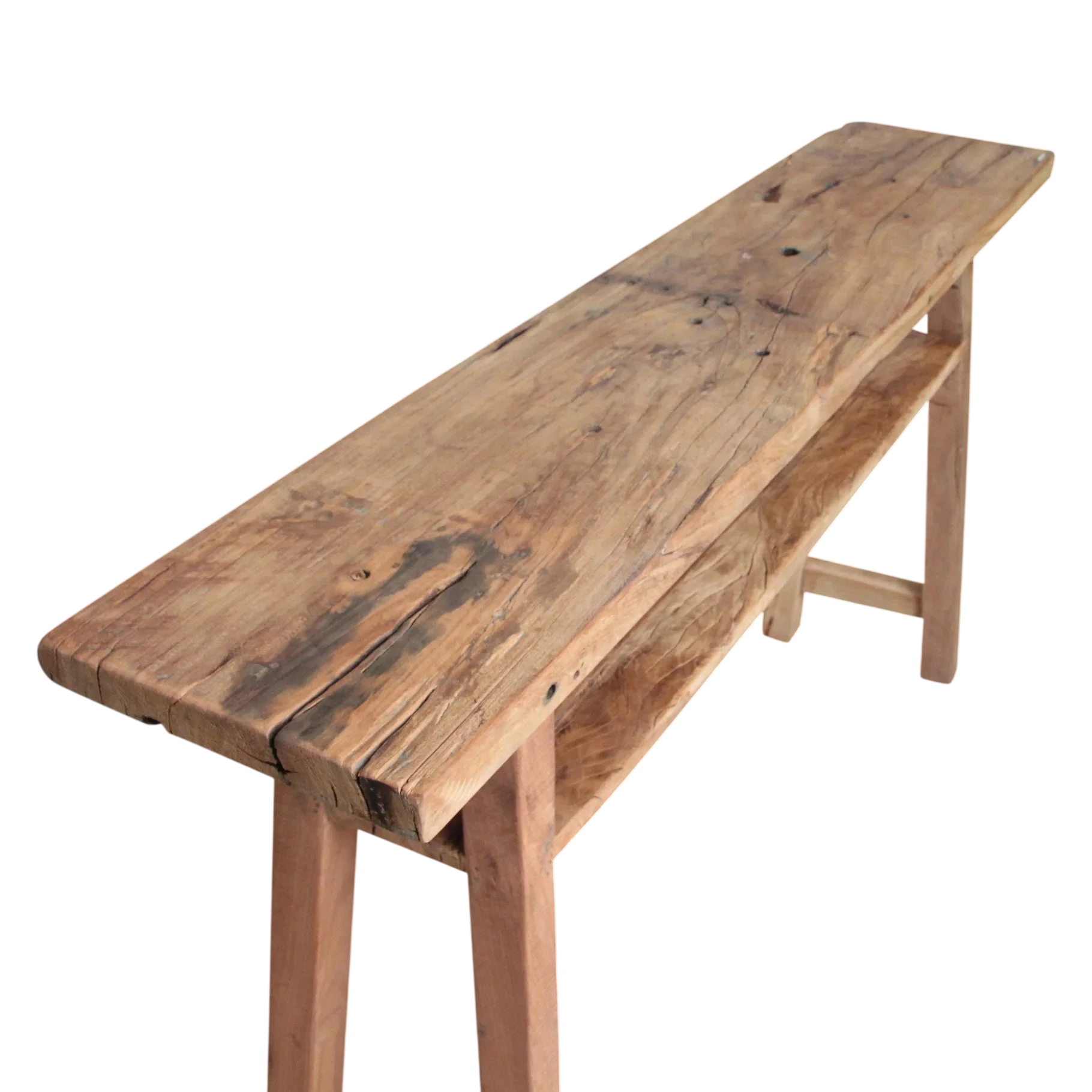 Banc en bois recyclé clair avec étagère, 140x30 cm, surface usée