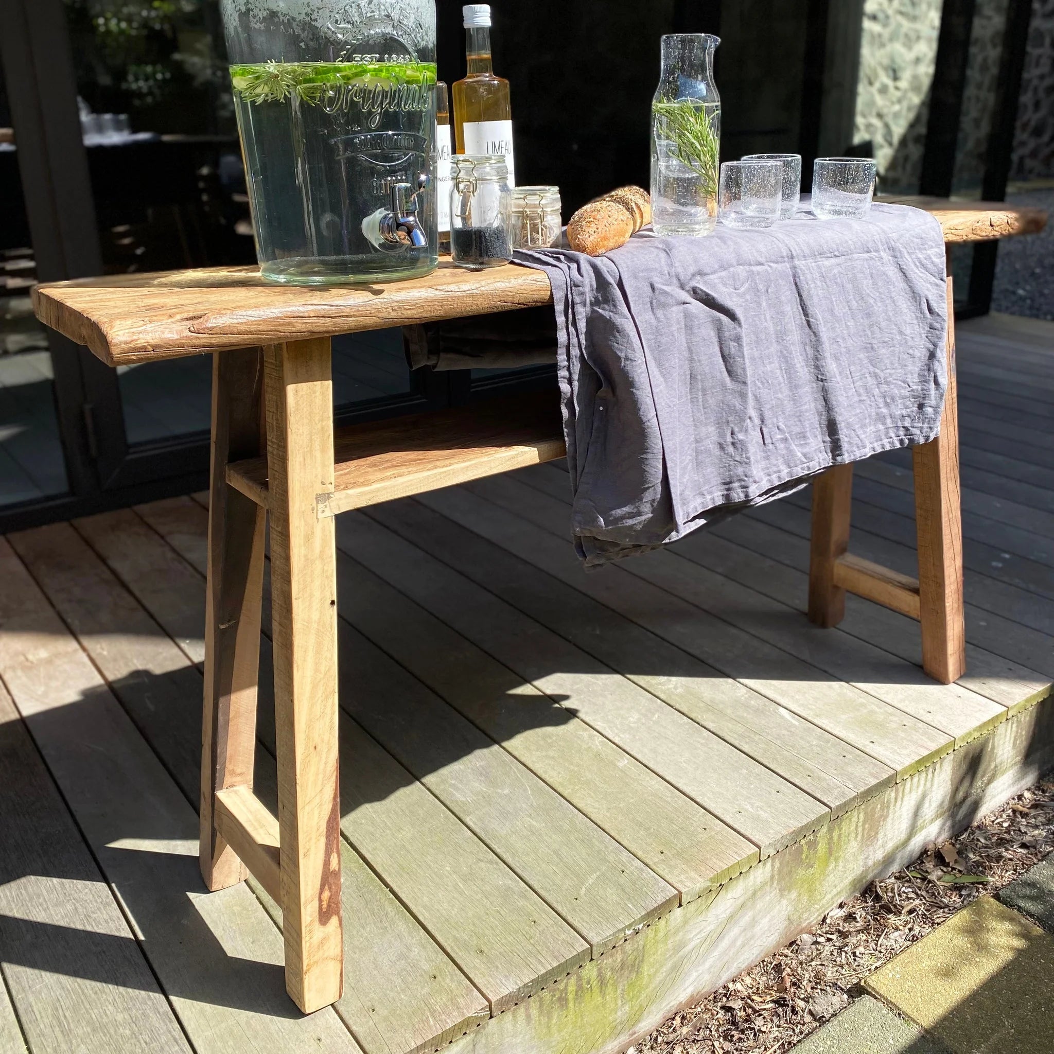 Console en bois recyclé clair avec étagère, 140x30 cm