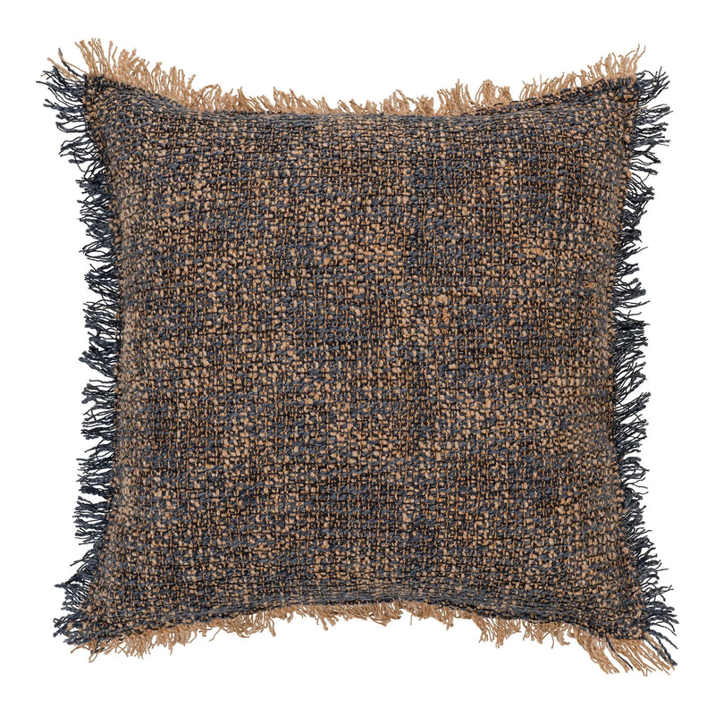Coussin carré tressé bleu et brun avec franges