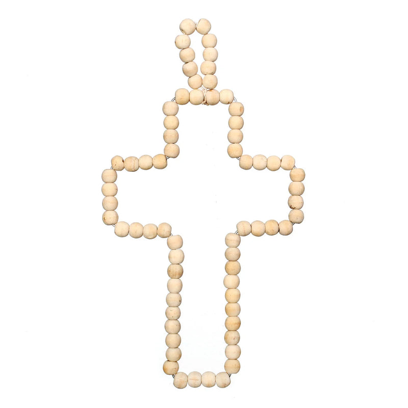 Croix murale en perles de bois naturel à suspendre