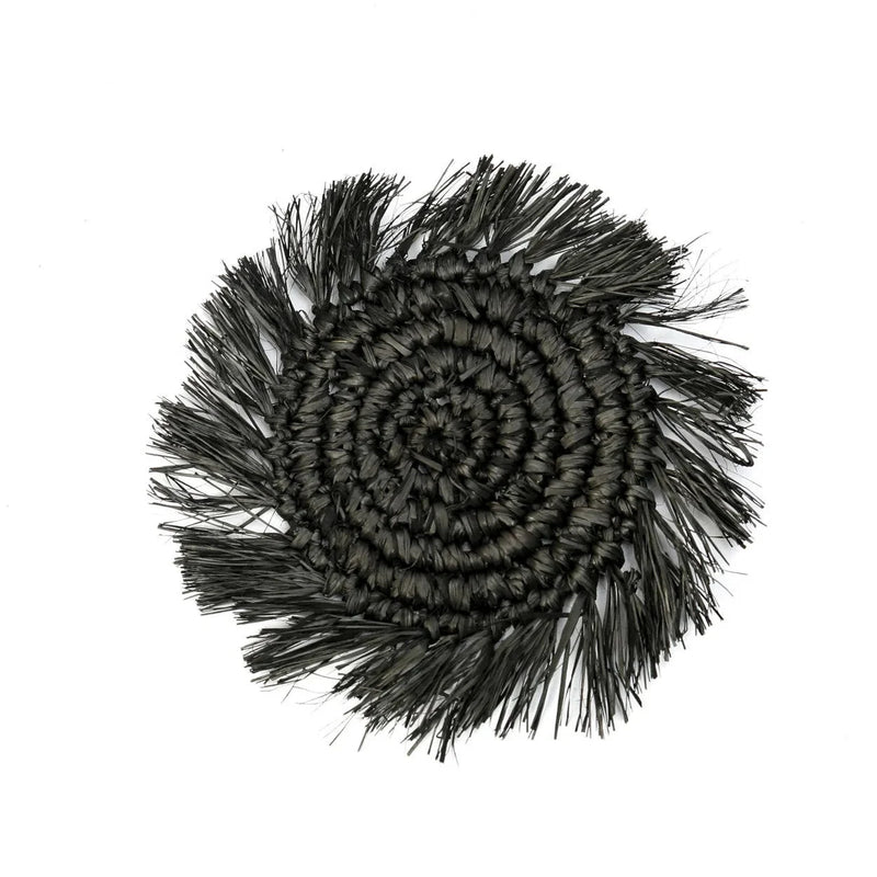 Dessous de verre rond en raphia noir avec franges