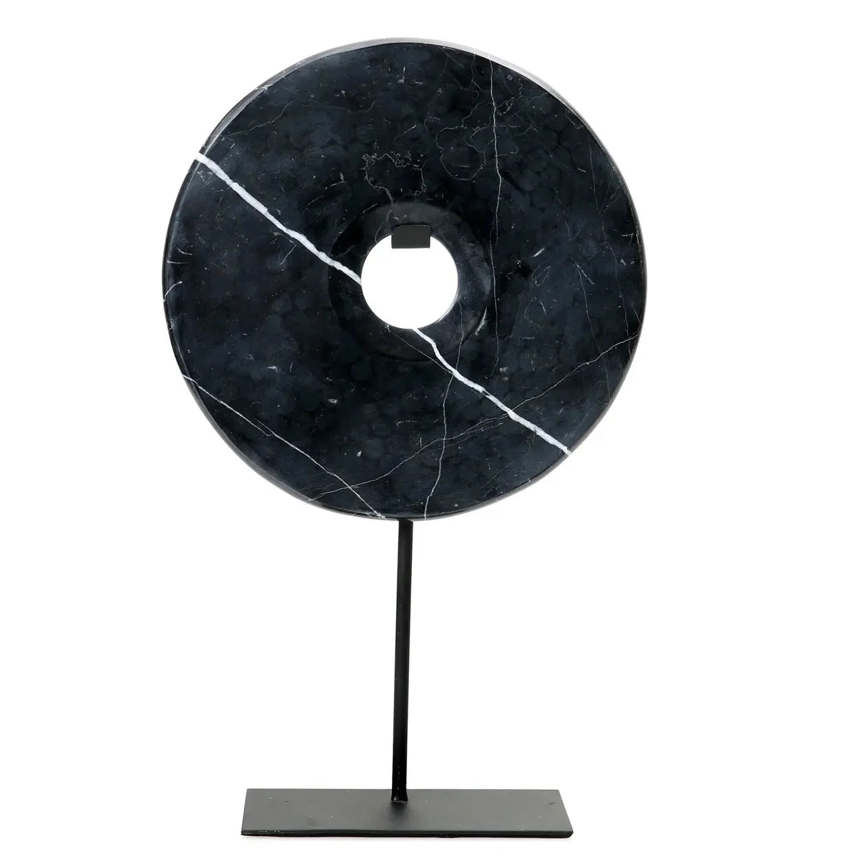 Disque décoratif en marbre noir sur socle métallique