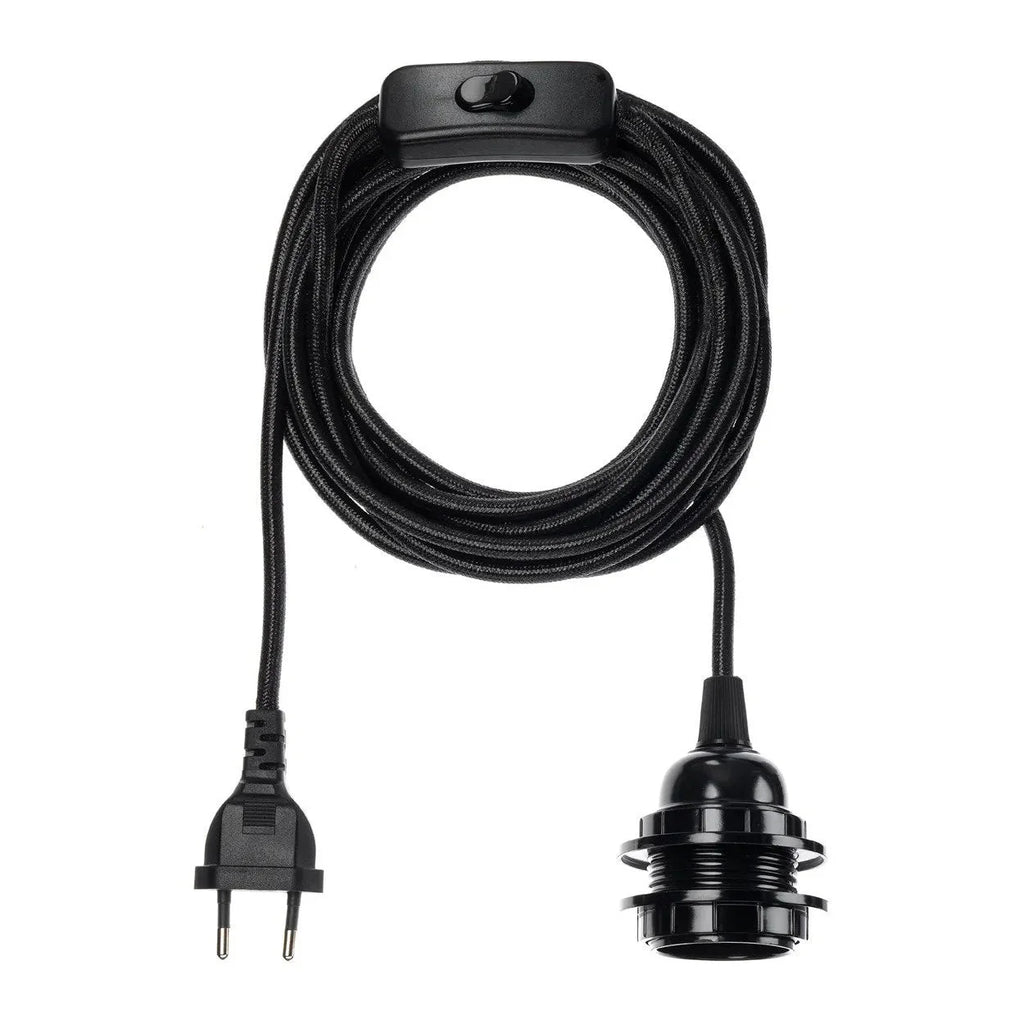 Cordon électrique noir avec interrupteur, prise deux broches et douille Edison