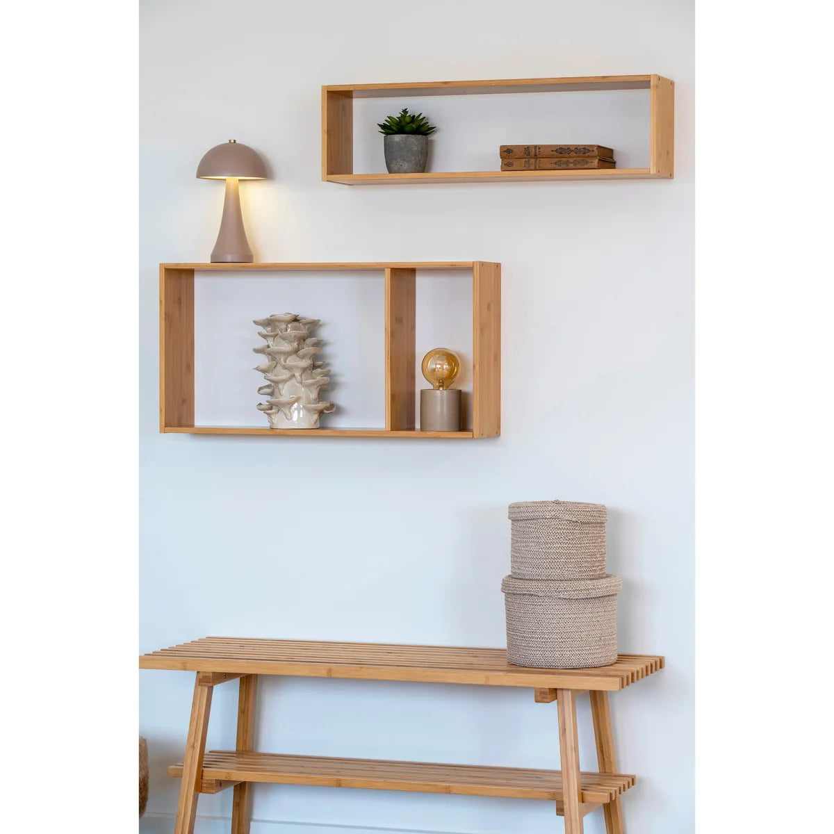 Étagère murale en bambou naturel asymétrique 70x15 cm