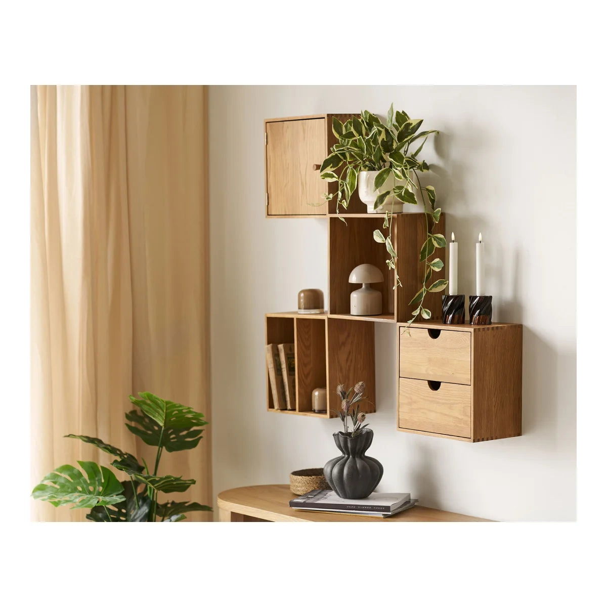 Étagère murale chêne clair 30x30 cm avec cubbies et tiroirs