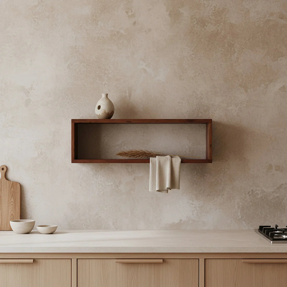 Étagère murale en bois recyclé brun rectangulaire 70x15 cm avec vase en céramique