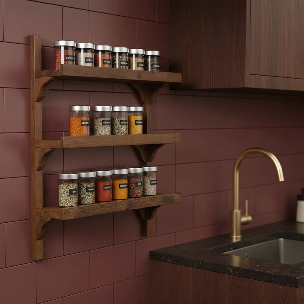 Étagère murale industrielle bois recyclé brun 3 niveaux avec bocaux verre 50x16x64 cm