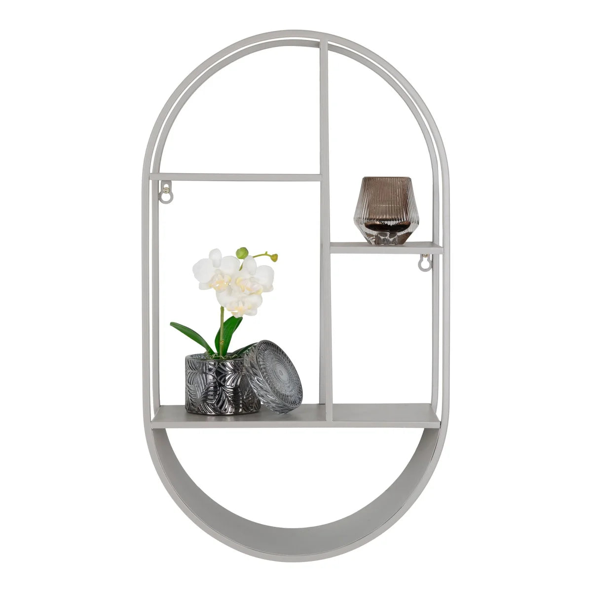 Étagère murale ovale en acier gris 35x15x60 cm, design minimaliste