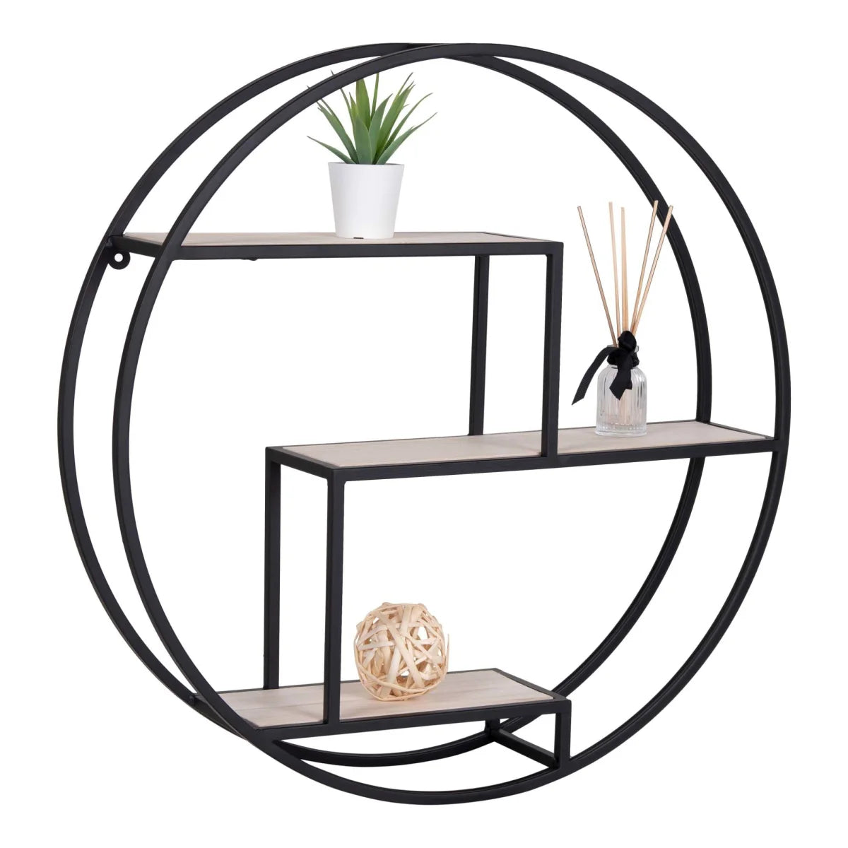 Étagère murale ronde en métal noir et bois naturel Ø62 cm