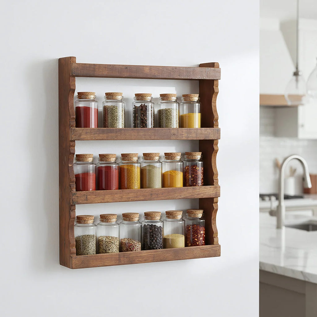 Étagère murale vintage en bois recyclé marron avec bocaux dépices