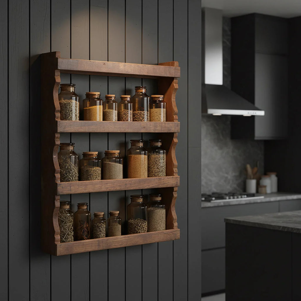 Étagère murale vintage bois recyclé marron 48x10 cm avec épices en bocaux