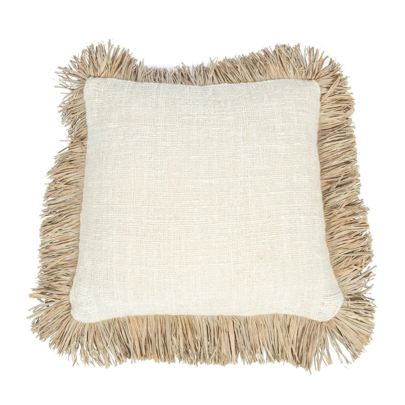 Housse de coussin carrée en coton et raphia naturel avec franges décoratives