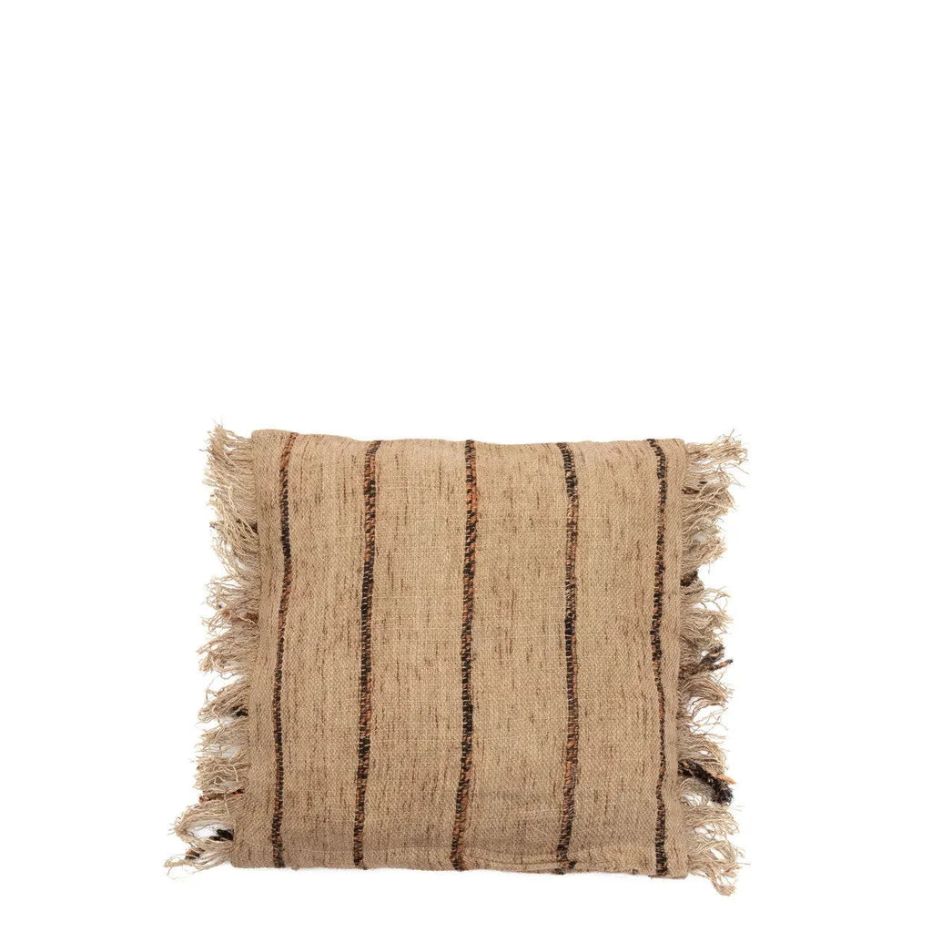 Housse de coussin coton beige noir 40x40 cm avec rayures verticales et bords effilochés