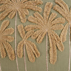 Housse de coussin coton vert olive avec broderie palmiers beige et franges