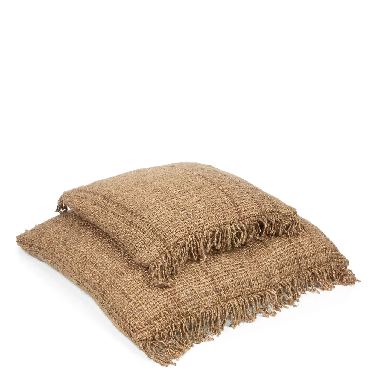 Deux coussins en coton marron frangé, 40x40 cm, tan et effilochés