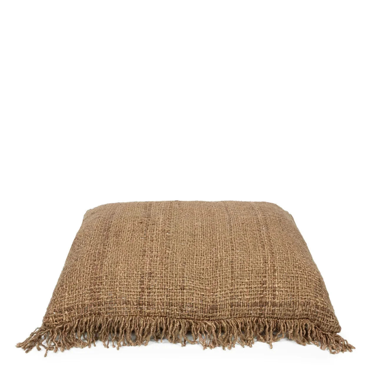 Coussin rectangular marron en jute tissé avec franges pour décoration intérieure 60x60 cm
