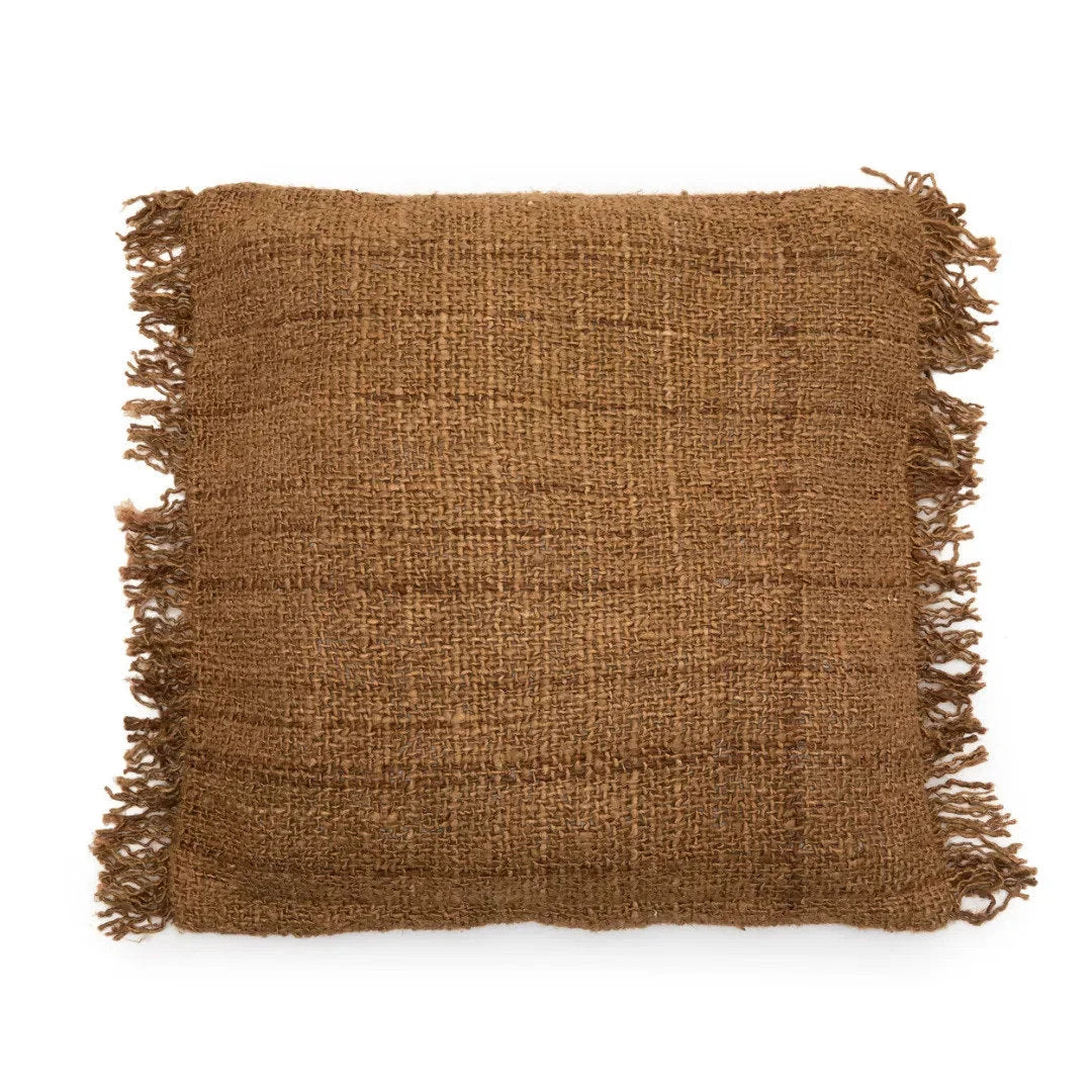 Coussin marron en coton avec franges, 60x60 cm, décoration élégante et chaleureuse