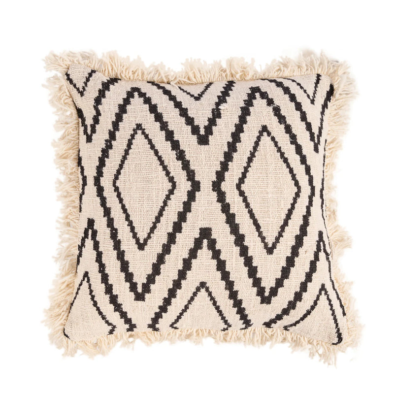 Housse coussin motif géométrique noir franges – 50x50 cm