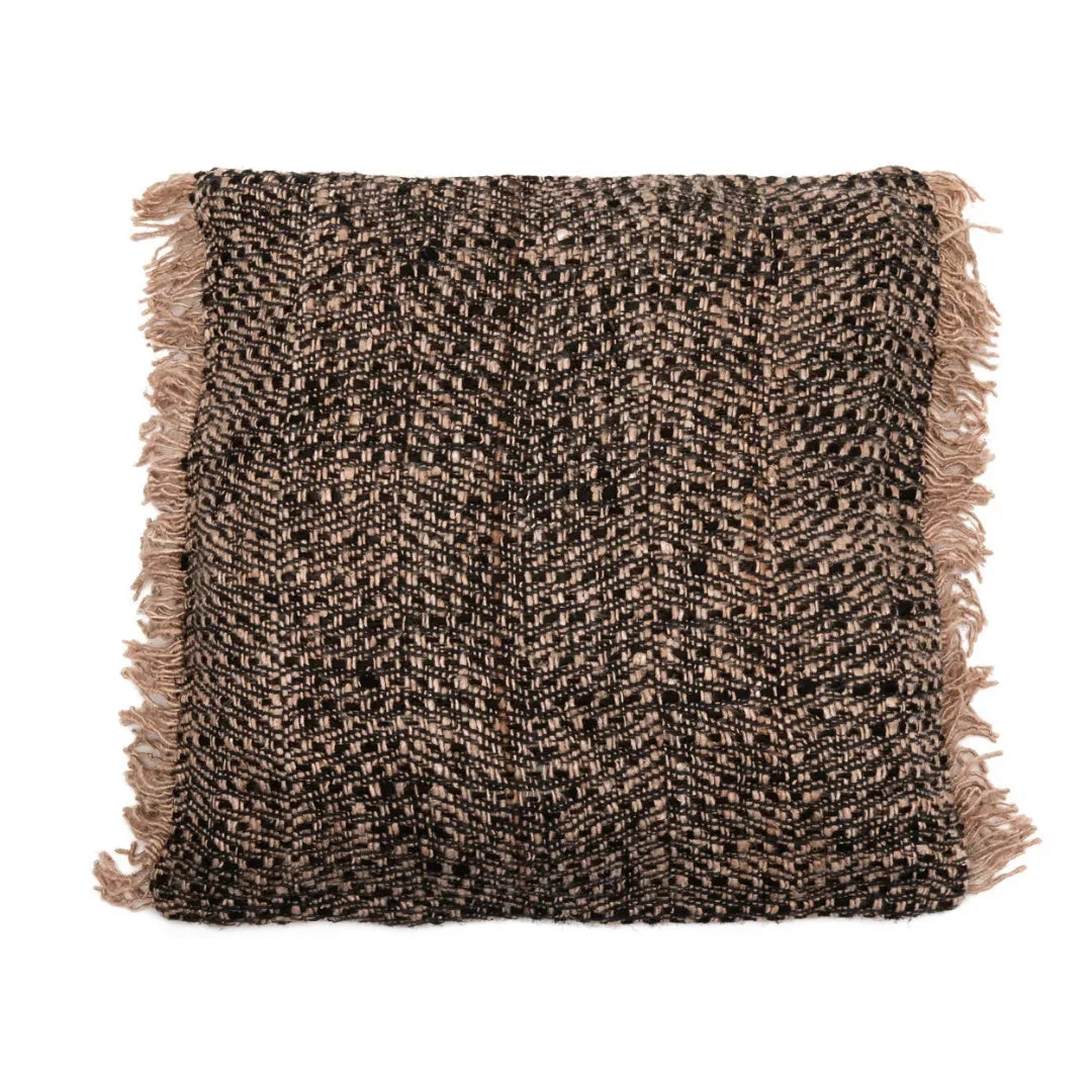 Housse de coussin noir cuivre en coton avec coussin à motif chevron brun beige et franges