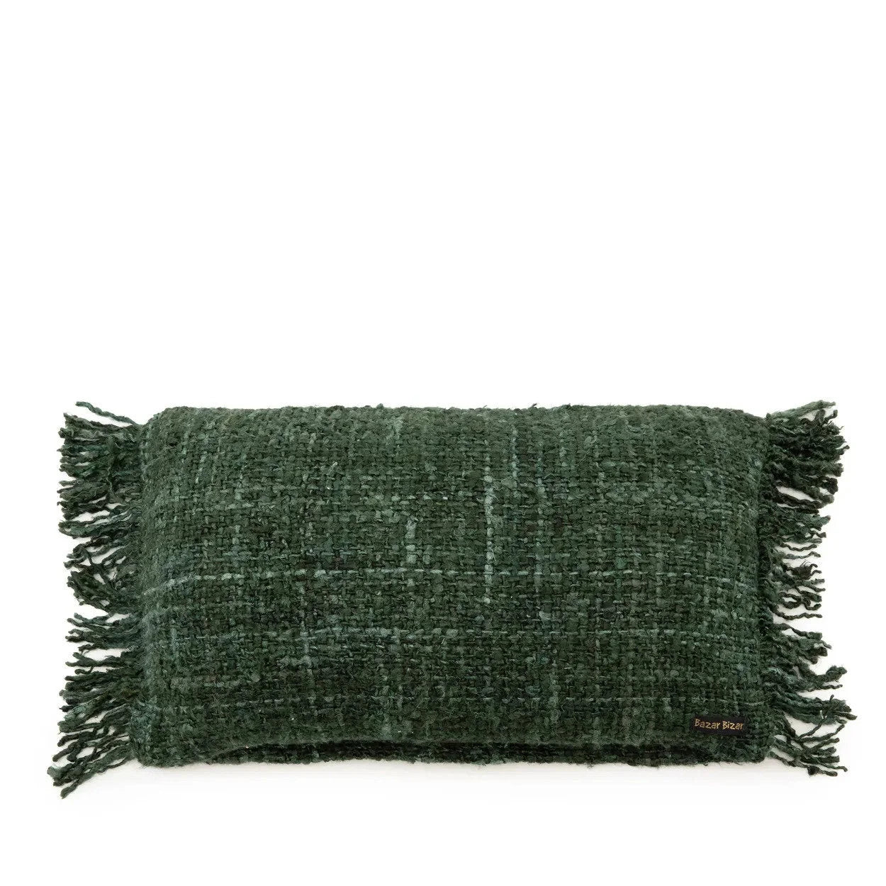 Housse de coussin rectangulaire en coton vert foncé avec franges et motif texturé