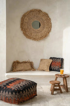 Miroir rond en raphia naturel avec franges, parfait pour la décoration intérieure