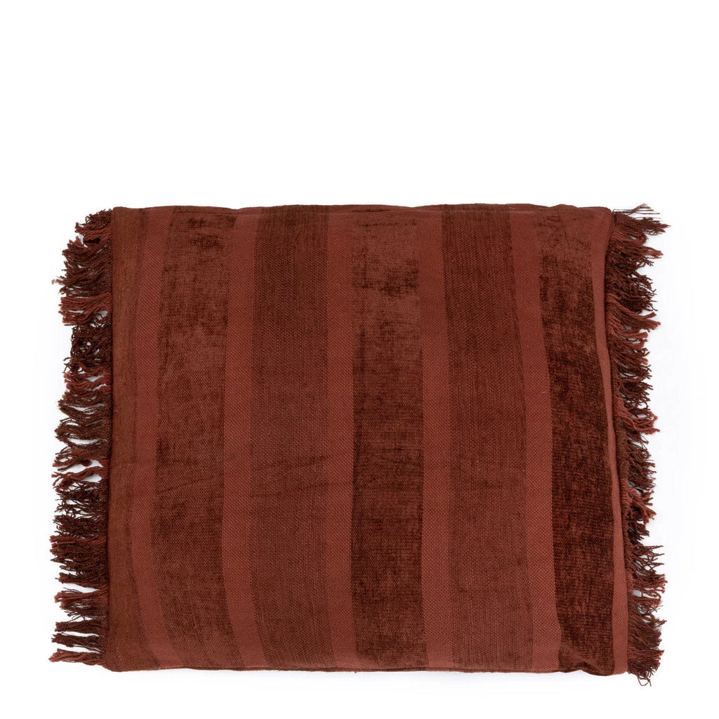 Housse de coussin en velours bordeaux rayé à franges– 60x60 cm