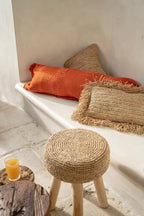 Housse de coussin velours rouille 35x100 cm texturée orange à franges