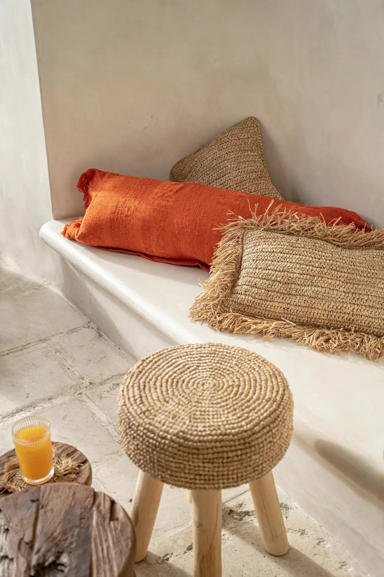 Housse de coussin velours rouille 35x100 cm texturée orange à franges