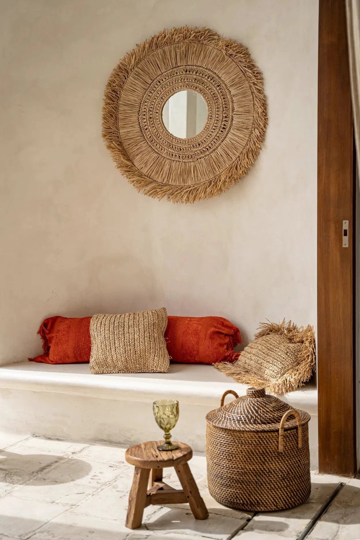 Miroir rond en paille à design ajouré et texture naturelle, 35x100 cm