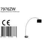 Lampadaire arc noir avec abat-jour tissu cylindrique et base ronde, hauteur 185 cm